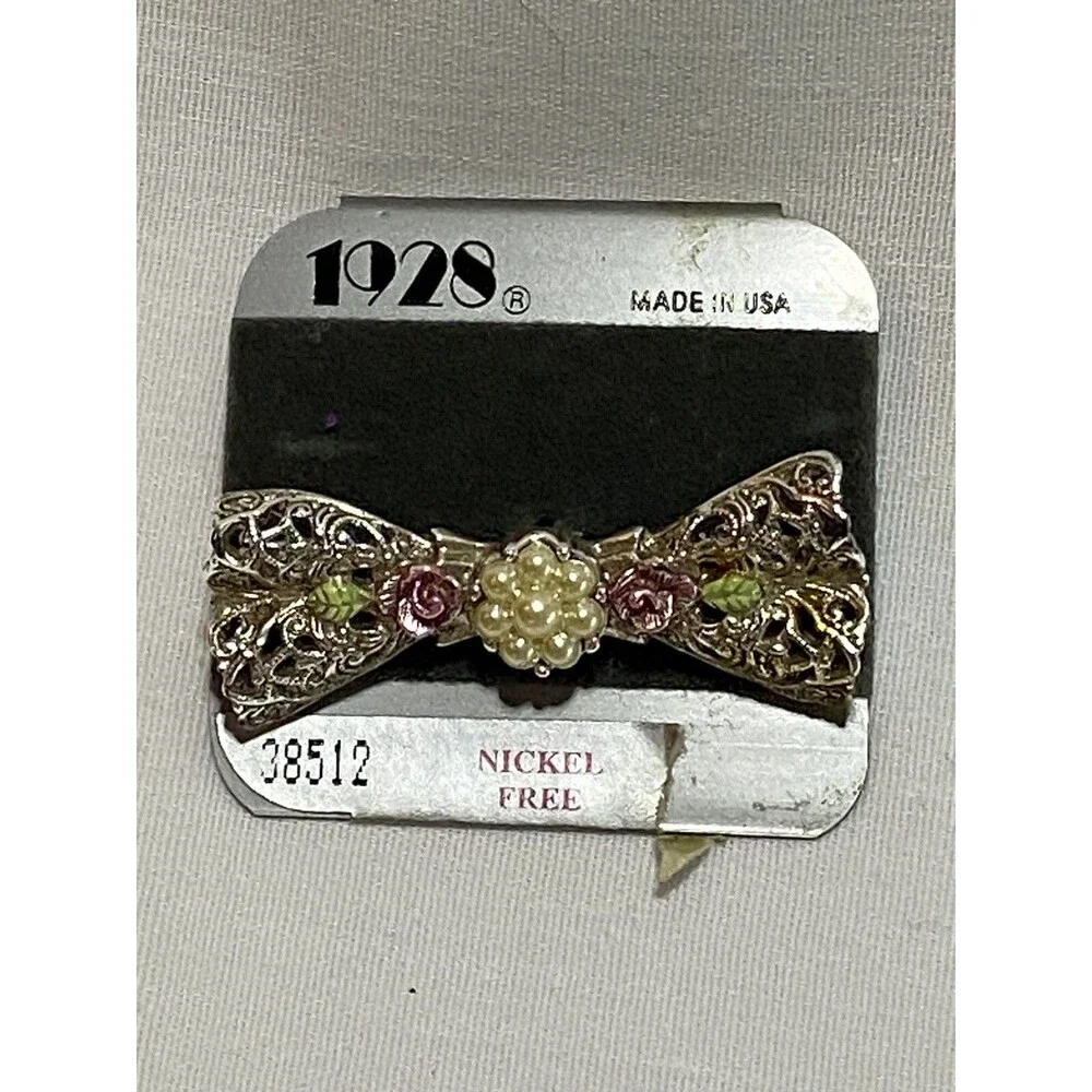1928 Porcelain Rose Bow Gold Tone Filigree Brooch Pin Small  Vtg.